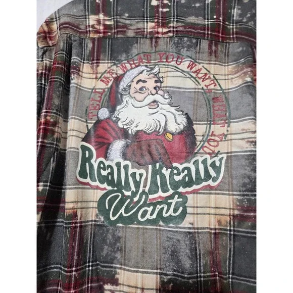 Christmas Flannel Shirt Mens 3XL Plaid Bleach Santa Tell Me What You Want Grunge - Picture 5 of 8